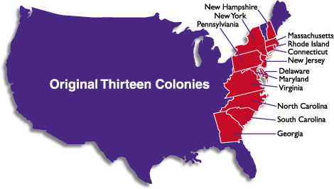 United States with 13 original colonies in red